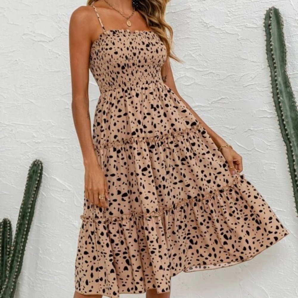 BOHO Dalmatian Print Shirred Ruffle Hem Cami Midi Dress - Picture 5 of 7